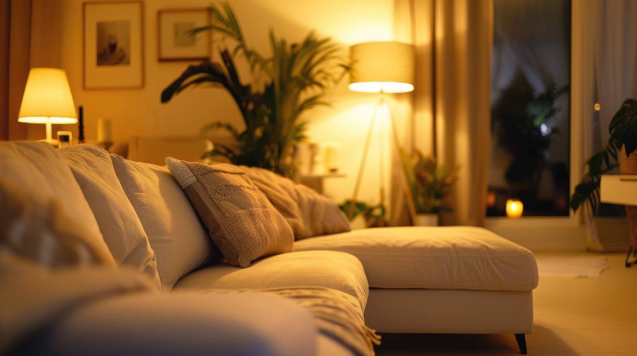  A living room with an uncovered window as night falls at Window Creations & Design Center near Fort Gratiot, MI
