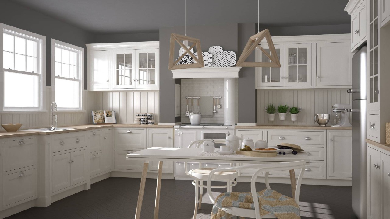 A modern Scandinavian kitchen with white and pale wood colors at Window Creations & Design Center near Fort Gratiot, (MI)